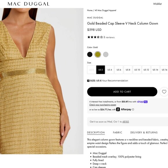 NEW $598 Mac Duggal 5625 Size 12 Gold Beaded V-Neck Column Long Maxi Gown Dress - Picture 2 of 7